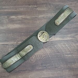 Women's Olive Green Wide Belt with Decorative Metal Alligator Buckle 1X